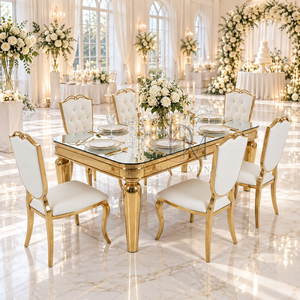 Elegante Juego de Mesa de Comedor con Cubierta de Acero Inoxidable y Sillas Tapizadas para Eventos y Banquetes de Hotel - Product Image 2