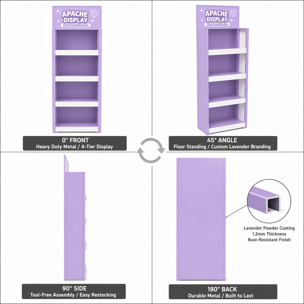 Apache Custom Figure Display Rack 4-Way 4-Tier Metal Anime Merchandiser Knock Down Rotating Stand for Hobby Store OEM ODM — view 3