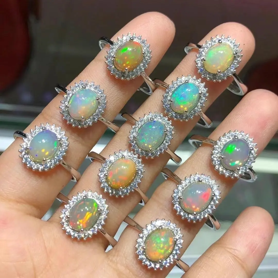 Australia batu opal alami 925 perak murni cincin wanita 6*8mm 18k batu permata lapis emas perhiasan opal api cincin opal