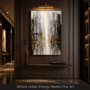 Peinture murale abstraite Impasto sur toile, motif skyline urbain argenté et doré, pour la décoration de bureaux, hôtels, halls d'entrée - Product Image 2