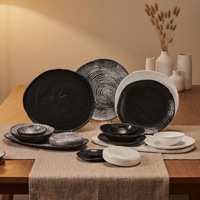Service de vaisselle en céramique et porcelaine ST Premium, noir obsidienne, avec glaçure réactive au four, comprenant assiettes, plats creux et bols, pour l'hôtellerie