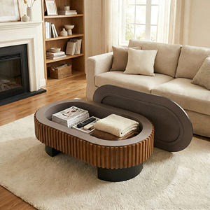 Elliptical Living Room <b>Coffee</b> <b>Table</b> 43.7 In Solid Wood Veneer Modern Design <b>With</b> Hidden <b>Storage</b> - Product Image 6