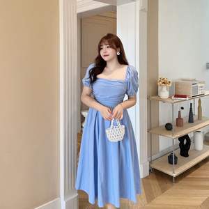 Vestido Largo Runqi N8390, Corte Entallado, Manga Abullonada, Cuello Cuadrado, Algodón, Tallas Grandes, Vestido Casual para Mujer, Uso Diario - Product Image 1