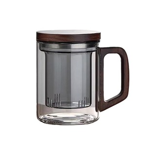 Taza de té de vidrio transparente con tapa y asa de madera para preparar té, uso en oficina - Product Image 5