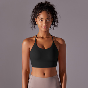 Wholesale Women Halter U Neck Sports Bra Thin T <b>Back</b> Strap Removable Pads Yoga Crop <b>Top</b> <b>Low</b> Support Gym Athletic Training Bra - Product Image 2