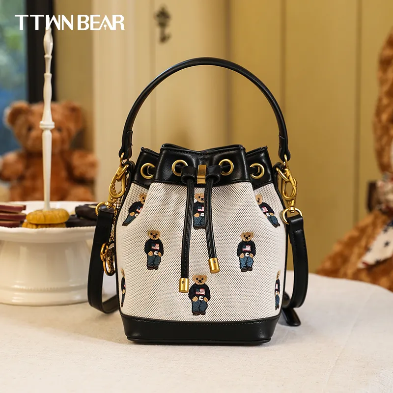 TTWNBEAR-Bolsos de estilo coreano para mujer, bolsas de cubo pequeñas bordadas, de lona, cruzados