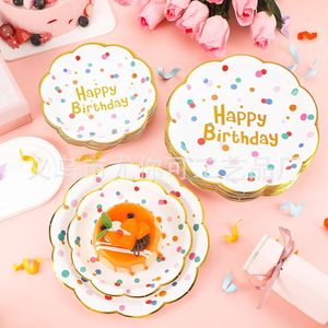 Assiettes en papier à pois Joyeux Anniversaire avec bordure dorée, jetables, pour les fêtes d'anniversaire des enfants - Product Image 2