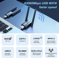 Adaptador USB Externo Inalámbrico WiFi 6 de Doble Banda con Antena AX900 BT5.4 900Mbps Compatible con Routers Wi-Fi 6