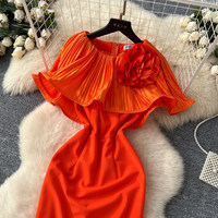 Robe midi décontractée élégante pour femmes WIWT, orange, plissée, col à volants, décoration florale 3D, pour les fêtes, le quotidien, robes décontractées
