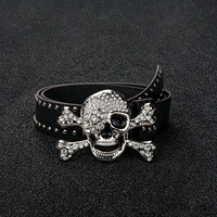 Ceinture en cuir unisexe de style western cowboy, embossée, vintage, de style européen et américain, ornée de rivets en alliage, de crânes et de strass, style punk