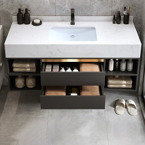 Ensemble <span class=keywords><strong>de</strong></span> vanité <span class=keywords><strong>de</strong></span> salle <span class=keywords><strong>de</strong></span> bains flottante chaude moderne avec évier en céramique simple 2 tiroirs et étagères ouvertes - Product Image 5