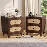 Table de chevet en osier naturel à 2 tiroirs, lot de deux, avec station de charge, commode de chevet en noyer avec prise pour chambre à coucher
