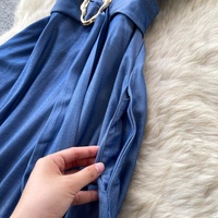 Robe longue décontractée pour femmes WIWT, élégante, bleue, col chemise, manches courtes, ceinture, pour tous les jours, vêtements pour femmes