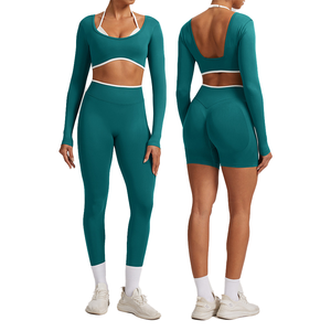 Leggings Deportivos Sólidos Transpirables Sin Costuras, Conjuntos de Compresión, Pantalones de Yoga, Conjuntos de 3 Piezas Personalizados para Mujer, Spandex/Nylon, Gimnasio - Product Image 3