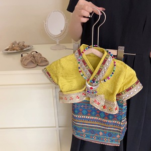 Girls Summer Dai Ethnic Style Set Printed Skirt Tie Front Top Cotton Children Outfit - Product Image 1
