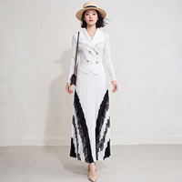 Robe plissée sans plis pour femme, avec dentelle, boutons et strass, col rabattu, tenue de bureau, style coréen