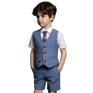 Abbigliamento personalizzato Tuxedo per bambini abito corto 3 pezzi blu <span class=keywords><strong>a</strong></span> quadri gilet abito da ragazzo formale per l'estate - Product Image 1