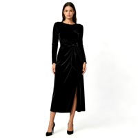Robe midi en velours pour femme, manches longues, col rond, taille nouée, froncée, fendue, unie, pour soirée formelle, ODM/OEM