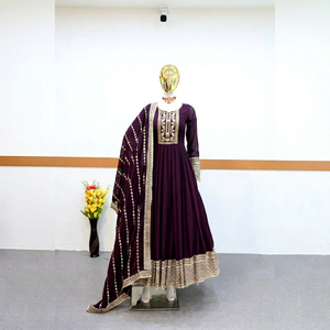 Traje Anarkali Bordado Color Borgoña para Mujer, Vestido Pakistaní para Bodas, Fiestas y Graduaciones, Manga Larga, Atuendo Formal de Noche con Dupatta - Product Image 1
