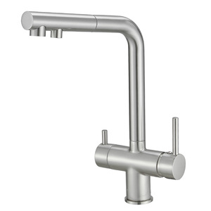 Robinet à <span class=keywords><strong>double</strong></span> <span class=keywords><strong>sortie</strong></span> moderne contemporain Corps en laiton Finition nickel brossé Robinet à boire direct Mélangeur d'évier de cuisine à trois voies - Product Image 1