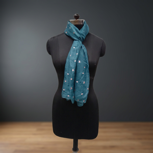Women's Long <b>Silk</b> <b>Scarf</b> Teal Color With Pink Stars And Dots Pattern Lightweight For Daily Wear All Seasons - Product Image 3
