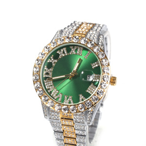 Reloj de cuarzo de moda de hip-hop americano europeo para hombre con incrustaciones de diamantes número romano cara verde esfera grande marca de moda - Product Image 1