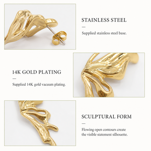 Boucles d'oreilles pendantes sculpturales en acier inoxydable plaqué or 14K, abstraites et fluides, 49 mm - Product Image 3