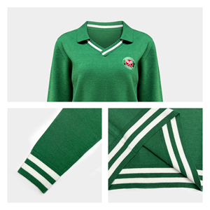 Custom <strong>Women</strong> Green Long Sleeve Tennis Pullover <strong>Polo</strong> <strong>Neck</strong> Knitted Casual Fashion Striped Cuffs Hem Sportswear <strong>Jumper</strong> Knitted Top - Product Image 3