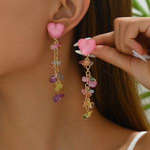Heart Shaped Drop <b>Earrings</b> With Colorful Crystal Tassels For Women Party Jewelry Zinc Alloy Stainless Steel <b>Post</b> EH4751 3 - Product Image 1