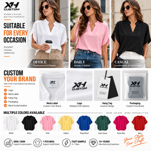Custom Women Blouse Loose Fit <b>Batwing</b> Sleeve Split Neck Short Sleeve Polyester Casual Summer Tops Wholesale - Product Image 3
