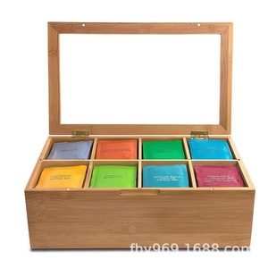 Caja de té de bambú con 8 compartimentos, caja de almacenamiento con tapa de vidrio personalizada, organizador de madera con múltiples compartimentos, caja para bolsitas de té y café. - Product Image 1