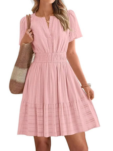 Custom Size Ladies 2026 Light Short Sleeve Mini <b>Dress</b> Soft Fabric V Neck <b>Elastic</b> High Waist Slim Casual Daily <b>Dresses</b> - Product Image 1