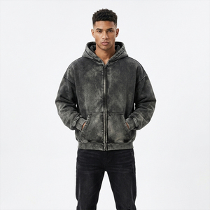 Sweat à capuche zippé épais pour homme, tendance 2026, délavé à l'acide, vintage, coupe oversize, gris anthracite, en molleton, effet usé, style streetwear - Product Image 2
