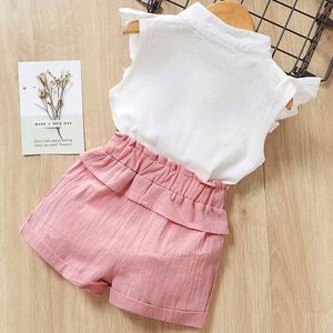 Wholesale Girls Crew Neck Cotton Sleeveless Embroidery T-shirts and Kid Short <b>Pants</b> Suits Made in China - Product Image 2