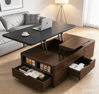 Table basse relevable multifonctionnelle de style médiéval avec plateau en pierre, double usage pour petits appartements