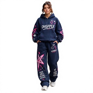 Women's Navy Blue Graphic Hoodie <b>Tracksuit</b> <b>Set</b> <b>Pink</b> Heart Star Print Wide Leg Pants Streetwear Two Piece Outfit - Product Image 1