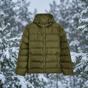 Men's Olive Green Canvas Hooded Puffer Jacket with Rabbit Fur Windproof Casual Winter <b>Coat</b> Zipper Closure and Side Pockets - Product Image 2