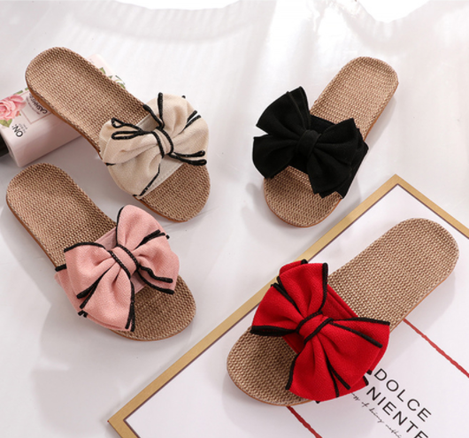 2021 Women Summer Casual Slides Comfortable Flax Slippers Striped Bow Linen Flip Flops Platform Sandals For Ladies Indoor Shoes