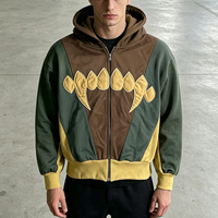 Sweat-shirt à capuche zippé pour homme, style streetwear, avec broderie en tissu appliqué, patchwork et blocs de couleur, coupe oversize