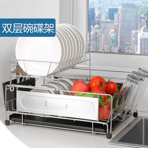Grand égouttoir à vaisselle pour comptoir de cuisine en acier inoxydable, 2 niveaux, avec plateau de drainage et porte-ustensiles - Product Image 2
