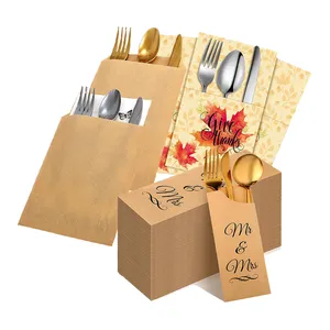 Disposable Restaurant Recyclable Kraft Pocket With Logo Printing Spoon Cutlery Paper Bag