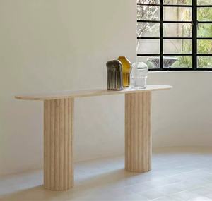 Table console ovale en travertin beige de forme populaire avec socle cannelé - Product Image 2