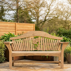 Banco de Jardín Tradicional Moderno de Teca para Exteriores, Asiento de Madera Maciza para Patio, Respaldo de Listones, Banco de Parque con Tallado Floral - Product Image 1