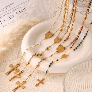 Religious Medieval Vintage Jewelry 316L Stainless Steel 14k 18k Gold Plated Bead Faith Cross <b>Rosary</b> Necklace for Women wholesale - Product Image 1