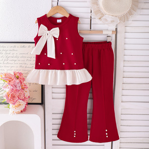 Ensemble de vêtements pour filles de <span class=keywords><strong>4</strong></span> à 7 <span class=keywords><strong>ans</strong></span>, haut rouge à manches courtes en tricot avec nœud et perles, mini-short, vêtements pour enfants - Product Image 1