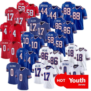 Maglia da Football Giovanile Buffalo 2025, 17 Josh Allen, 40 Von Miller, 86 Kincaid, 4 Cook, 58 Milano, 0 Coleman, Bianca, Cucita - Product Image 1
