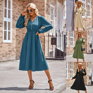 Di alta qualità nuovo autunno donna donna manica lunga <span class=keywords><strong>elegante</strong></span> chemise moda Casual tinta unita abiti Midi - Product Image 1