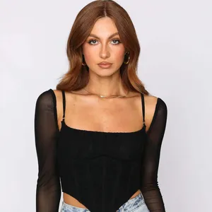 High Quality Woman Sexy Fashion Mesh Fishbone Square Collar Pleated Crop Tops Autumn Ladies Long sleeve Tops T-Shirts
