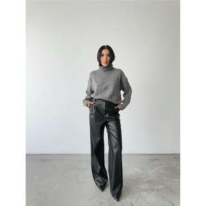 Pantalon palazzo en cuir, jambe large, taille haute, noir, tissu PU anti-rides, pantalon pour femmes - Product Image 4