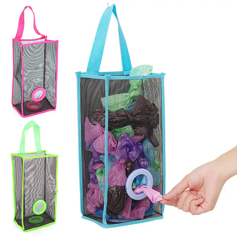 Breathable Mesh Garbage Bag Organizer Hanging Storage Bag Dispenser For Reusable Plastic Trash Bag Kitchen Hanging Storage